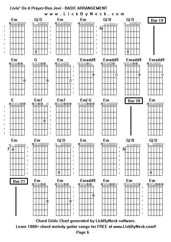 Chord Grids Chart of chord melody fingerstyle guitar song-Livin' On A Prayer-Bon Jovi - BASIC ARRANGEMENT,generated by LickByNeck software.